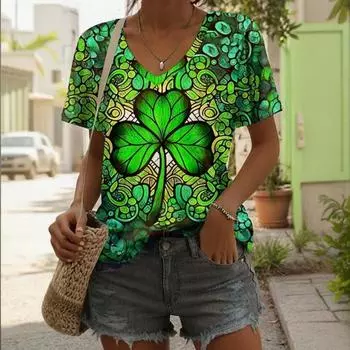 Женская футболка летняя повседневная уличная блузка с V-образным вырезом и короткими рукавами Печатный рисунок универсальная Большой размер свободная удобная короткая S