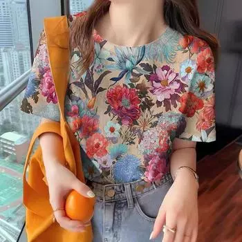 Женская футболка, летняя, с круглым вырезом, модная, повседневная, с коротким рукавом, с винтажным цветочным принтом, свободная, удобная, с коротким рукавом S