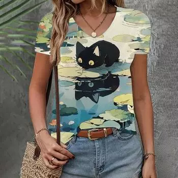 Женская футболка летняя с V-образным вырезом и коротким рукавом с рисунком кота, аниме-топ, повседневная свободная одежда, модная элегантная футболка, женская одежда XS
