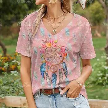 Женская футболка, летняя, с V-образным вырезом и коротким рукавом, модный узор с перьями, 3D-принт, повседневные футболки, свободные женские футболки S