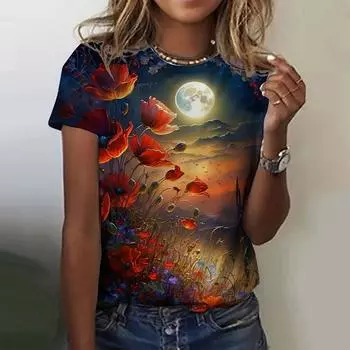 Женская футболка, летняя свободная футболка с короткими рукавами, повседневный топ с цветочным принтом, пуловер с забавным рисунком, футболки для девочек, свитер XXS