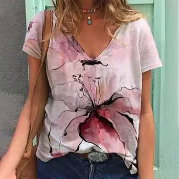 Женская футболка Little Daisy с цветочным 3D принтом, футболки с короткими рукавами и v-образным вырезом, женские топы, уличная одежда, повседневные футболки большого размера, одежда Y2k S