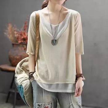 Женская футболка Ложные две вещи большого размера Свободная трикотажная рубашка с v-образным вырезом Повседневная универсальная футболка из хлопка и льна Топы с короткими рукавами M чёрный