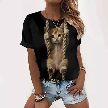 Женская футболка Милый принт котенка Модная Повседневная Базовая Топы Оверсайз Круглый вырез Высокое качество S