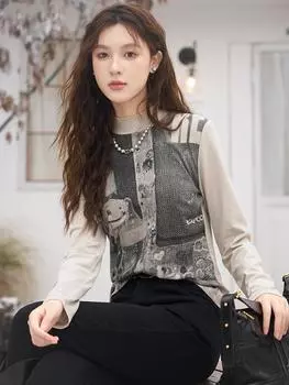 Женская футболка Mishow, новинка 2023 года, зимняя винтажная повседневная свободная пуловер с длинными рукавами и топами MXC53T0157