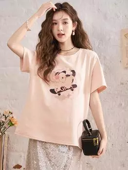 Женская футболка Mishow, новинка 2024 года, винтажный хлопковый нишевый дизайн с принтом, повседневный элегантный пуловер с круглым вырезом, топы MXD11T0165 S розовый