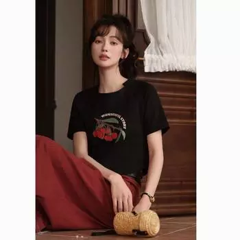 Женская футболка Mishow с короткими рукавами, летняя черная вишневая короткая блузка с круглым вырезом в корейском стиле Versatitle, женская одежда специального дизайна MXC34T0019