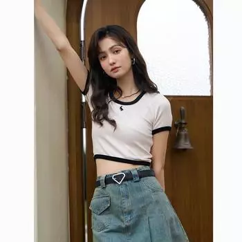 Женская футболка Mishow с принтом, летняя, в американском стиле, с вышивкой, с круглым вырезом, вязаная, специальный дизайн, тонкая короткая блузка, женская одежда MXC33T0041