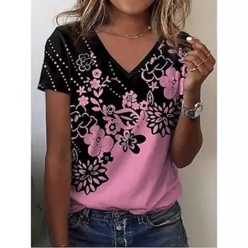 Женская футболка мода цветочный принт обычные топы короткий рукав V-образный вырез принт обычный крой отпуск выходные белый розовый синий фиолетовый зеленый лето S