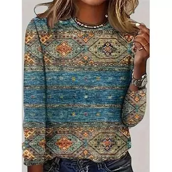 Женская футболка мода современный повседневный винтаж обычные топы с длинным рукавом круглый вырез принт обычный крой повседневный выходные черный синий коричневый зеленый осень зима S