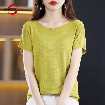 Женская футболка MODERN NEW SAGA, летняя трикотажная рубашка, пуловер с короткими рукавами и круглым вырезом, вязаные топы S бежевый