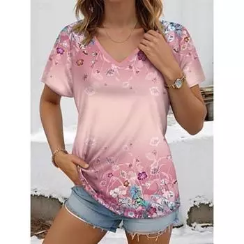 Женская футболка модная цветочная обычная топы с коротким рукавом V-образный вырез принт обычный крой повседневный праздничный розовый летний S