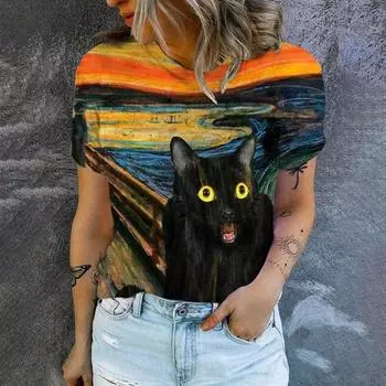 Женская футболка модная для отдыха звездное небо с принтом кота летняя женская футболка с короткими рукавами женская футболка большого размера S