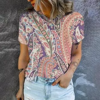 Женская футболка, модная футболка с цветочным принтом в стиле ретро, женская футболка с коротким рукавом для отдыха, летняя популярная футболка 2024 г. S