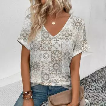 Женская футболка, модная футболка с цветочным принтом в стиле ретро, женская футболка с коротким рукавом для отдыха, летняя популярная футболка 2024 г. S