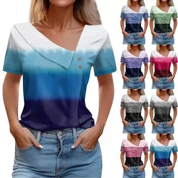 Женская футболка, модная футболка с косым воротником, на пуговицах, с короткими рукавами и принтом L