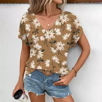 Женская футболка, модная, легкая, элегантная, для отдыха, с фрагментированным цветочным узором, женская футболка с V-образным вырезом и короткими рукавами S