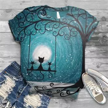 Женская футболка модная милая мультяшная кошка для отдыха с цифровым принтом и круглым вырезом белая женская одежда с короткими рукавами летние топы для отдыха XL