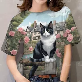 Женская футболка Модная Милый принт кошки Летняя Новинка Топы с коротким рукавом Повседневные Пуловеры Уличная одежда S