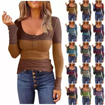 Женская футболка, модная повседневная футболка с цветными блоками, топ с длинным рукавом и пуговицами S синий