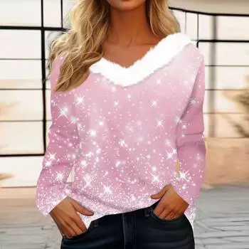 Женская футболка, модная повседневная футболка с длинным рукавом и принтом, флисовый воротник, V-образный вырез XXXL розовый