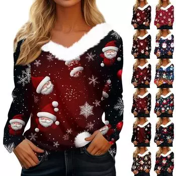 Женская футболка, модная повседневная футболка с длинным рукавом и принтом, флисовый воротник, V-образный вырез S красный