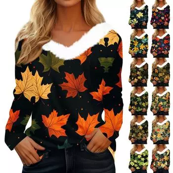 Женская футболка, модная повседневная футболка с длинным рукавом и принтом, флисовый воротник, V-образный вырез XL зелёный