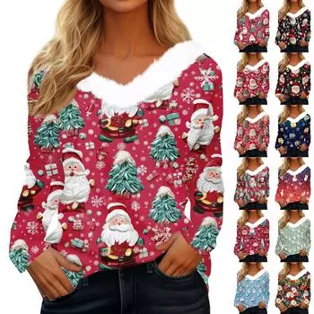 Женская футболка, модная повседневная футболка с длинным рукавом и принтом, флисовый воротник, V-образный вырез M чёрный