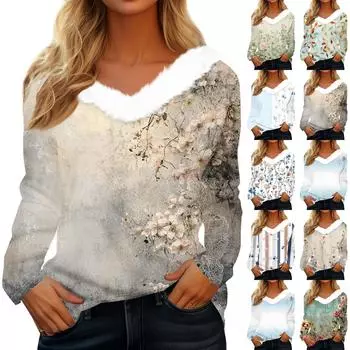 Женская футболка, модная повседневная футболка с длинным рукавом и принтом, флисовый воротник, V-образный вырез L синий