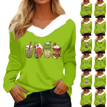 Женская футболка, модная повседневная футболка с длинным рукавом, рождественским принтом, флисовым воротником и V-образным вырезом M