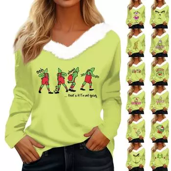 Женская футболка, модная повседневная футболка с длинным рукавом, рождественским принтом, флисовым воротником и V-образным вырезом XL