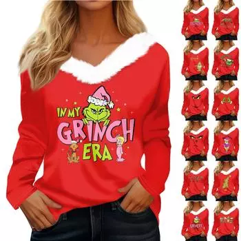 Женская футболка, модная повседневная футболка с длинным рукавом, рождественским принтом, флисовым воротником и V-образным вырезом XL