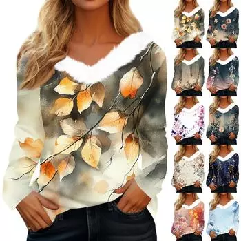 Женская футболка, модная повседневная футболка с длинным рукавом и принтом, флисовый воротник, V-образный вырез L