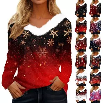 Женская футболка, модная повседневная футболка с длинным рукавом и принтом, флисовый воротник, V-образный вырез L винный