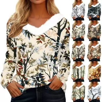 Женская футболка, модная повседневная футболка с длинным рукавом и принтом, флисовый воротник, V-образный вырез L