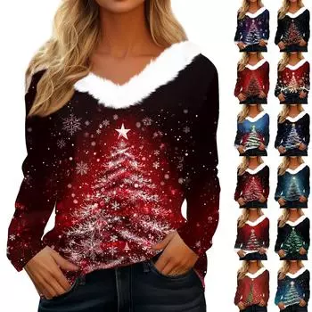 Женская футболка, модная повседневная футболка с длинным рукавом и принтом, флисовый воротник, V-образный вырез L чёрный