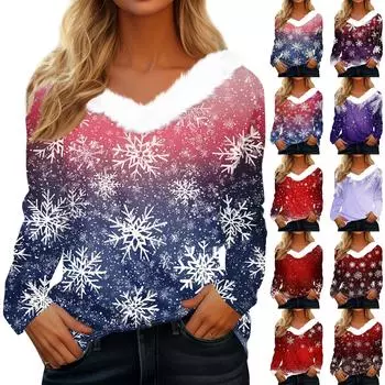 Женская футболка, модная повседневная футболка с длинным рукавом и принтом, флисовый воротник, V-образный вырез L синий
