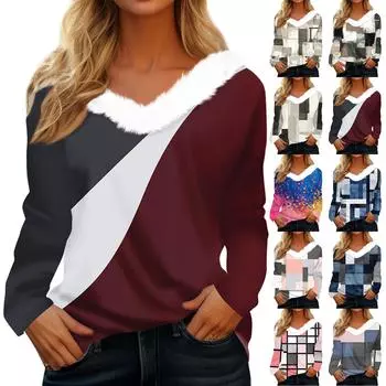 Женская футболка, модная повседневная футболка с длинным рукавом и принтом, флисовый воротник, V-образный вырез M