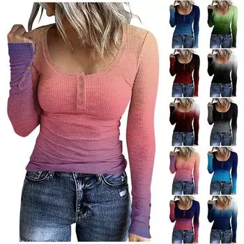 Женская футболка модная повседневная футболка с градиентным принтом U-образным вырезом и длинным рукавом M