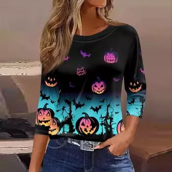 Женская футболка, модная повседневная футболка с круглым вырезом и рукавом 3/4, свободная футболка с принтом, женская футболка L