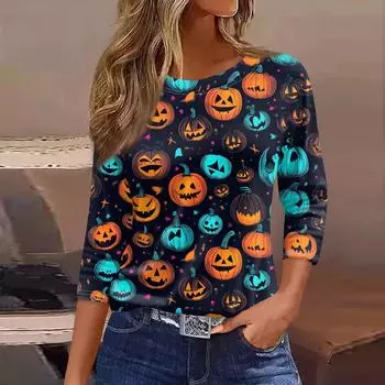 Женская футболка, модная повседневная футболка с круглым вырезом и рукавом 3/4, свободная футболка с принтом, женская футболка M синий