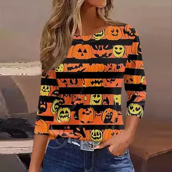 Женская футболка, модная повседневная футболка с круглым вырезом и рукавом 3/4, свободная футболка с принтом, женская футболка XL шафрановый