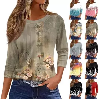 Женская футболка, модная повседневная футболка с круглым вырезом и рукавом 3/4, свободная футболка с принтом, женская футболка M