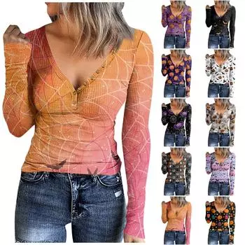 Женская футболка, модная повседневная футболка с принтом в стиле пэчворк и пуговицами, топ с длинным рукавом M чёрный