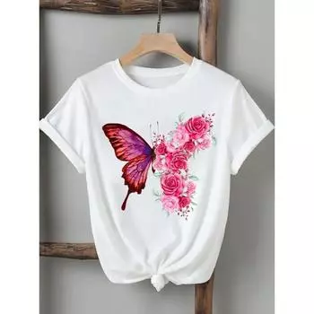 Женская футболка, модная повседневная футболка с принтом 90-х годов с цветами и крыльями бабочки, графическая футболка с короткими рукавами, одежда с принтом 2XS
