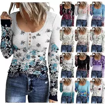 Женская футболка, модная повседневная футболка с U-образным воротником и пуговицами, топ с длинным рукавом XXXL белый