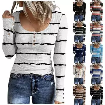 Женская футболка, модная повседневная футболка с U-образным воротником и пуговицами, топ с длинным рукавом M