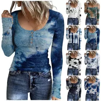 Женская футболка, модная повседневная футболка с U-образным воротником и пуговицами, топ с длинным рукавом S