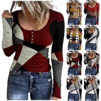 Женская футболка, модная повседневная футболка с U-образным воротником и пуговицами, топ с длинным рукавом XXL