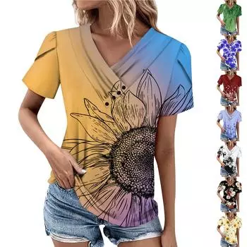 Женская футболка, модная повседневная футболка с v-образным вырезом и короткими рукавами, топ на пуговицах с принтом L